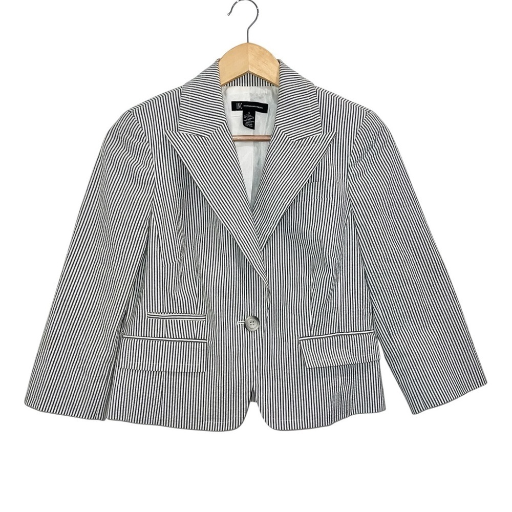 INC International Concepts Cropped Seersucker Blazer Grey & White Stripe